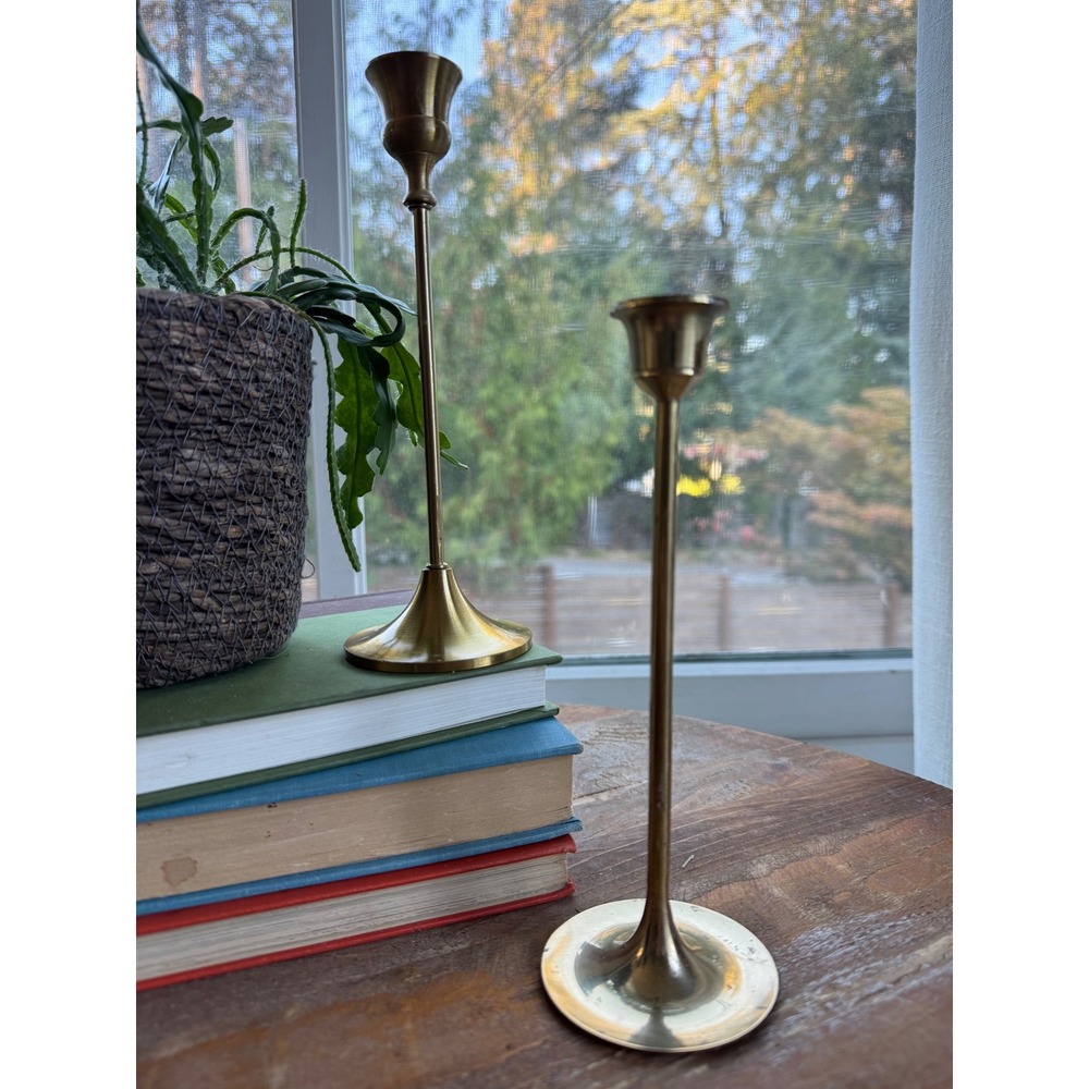 Vintage Brass Taper Candle Holders Set of 2 Mismatched Mid Century Modern Gold